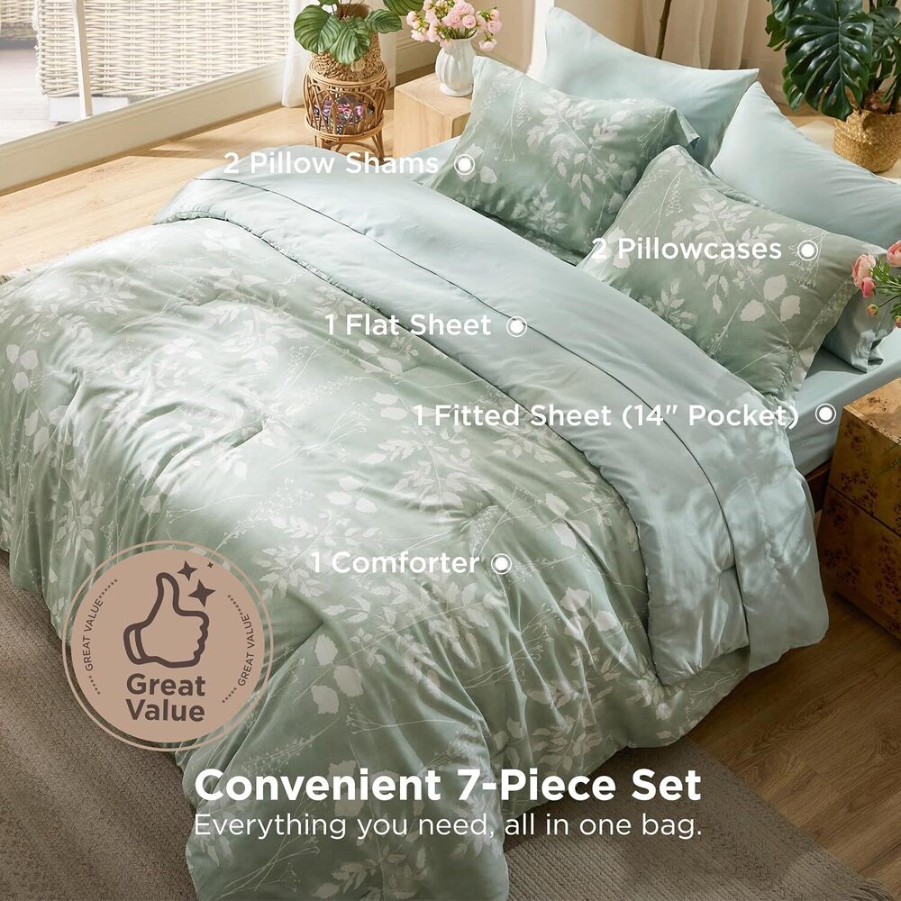 King Size Comforter Set - 7 Pieces Floral Sage Green GentleSoft™ Bedding - Picture 3 of 8